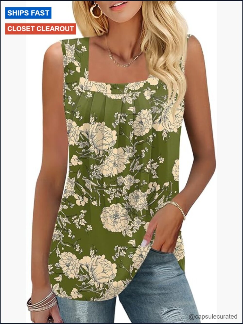 Sleeveless Square Neck Tunic Tank Top Flowy Pleated Loose Fit